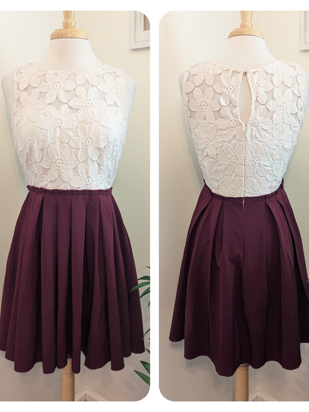 Altar'd State Floral Applique Lace Pleated Sleeveless Mini Dress Pink Wine Large